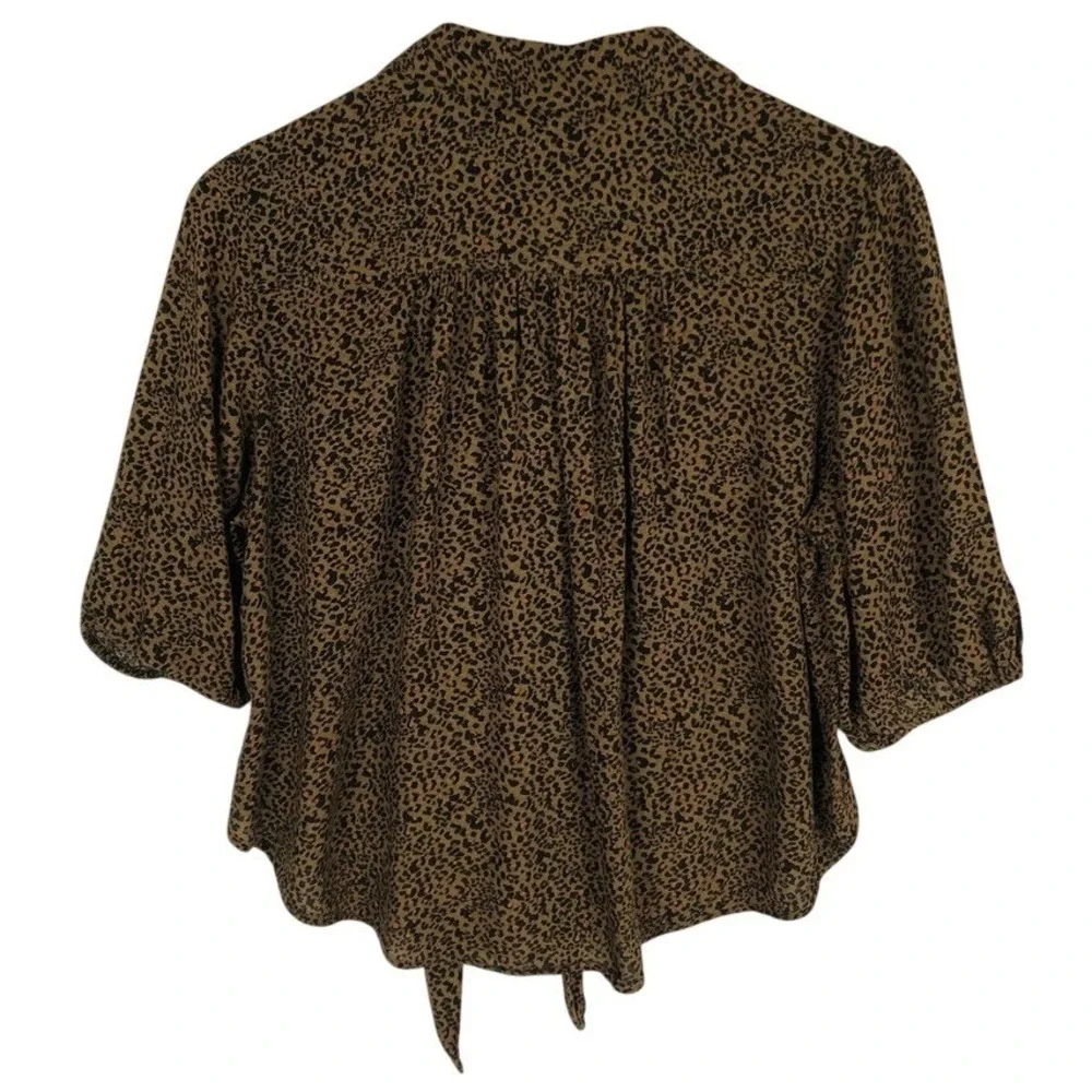 FREE PEOPLE Leopard Print Tie Front Button Down Puff Sleeve Top Sz S Brown